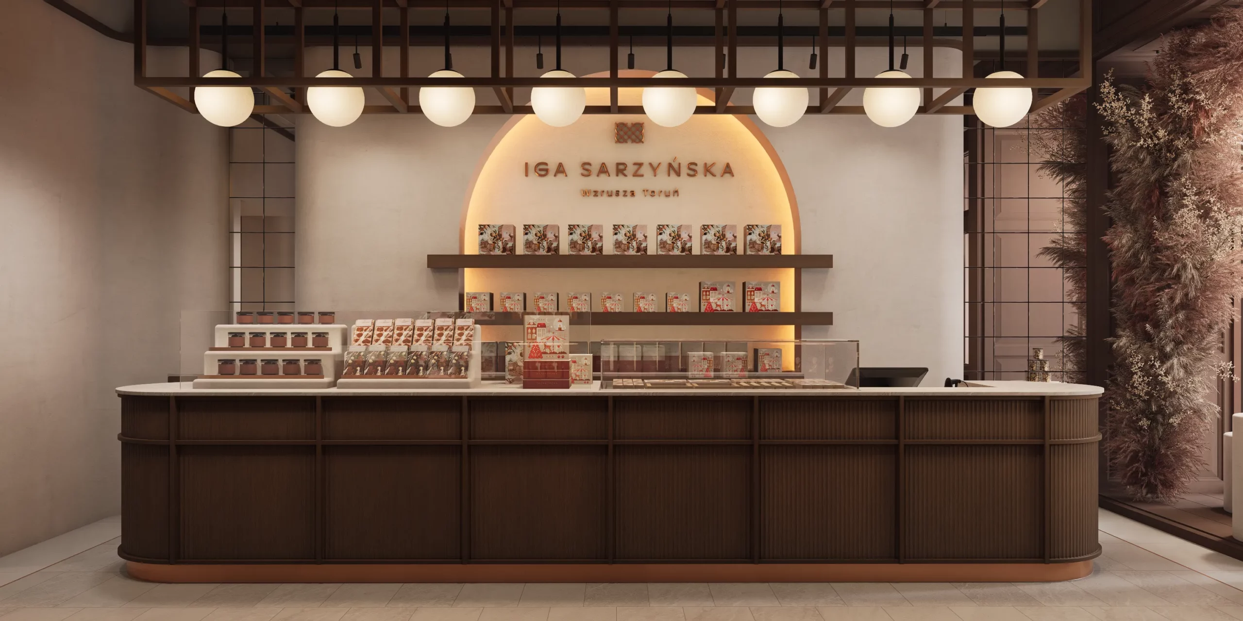 Projekt wnętrz Toruń – nowoczesna i elegancka aranżacja sklepu z kamienną ladą w ciemnym drewnie.