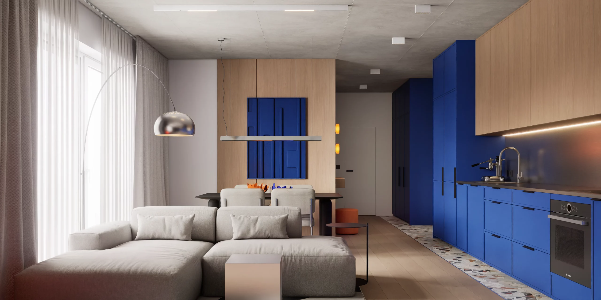 Projekt wnętrz Olsztyn - apartament łączący surowość betonu i ciepło naturalnego drewna z wyrazistym, kobaltowym akcentem.